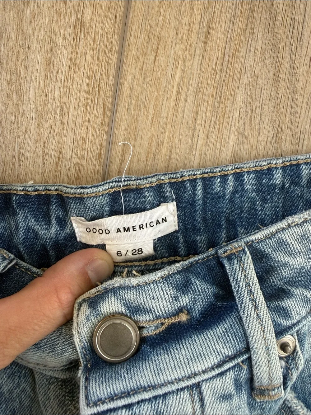 Good American Light Blue Distressed Denim Cutoff Shorts